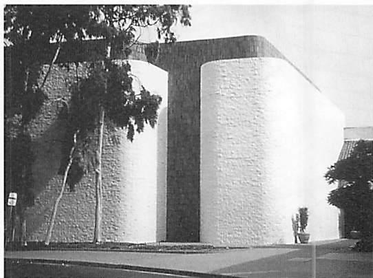 Simplified white stuccoed bank building, Southern California