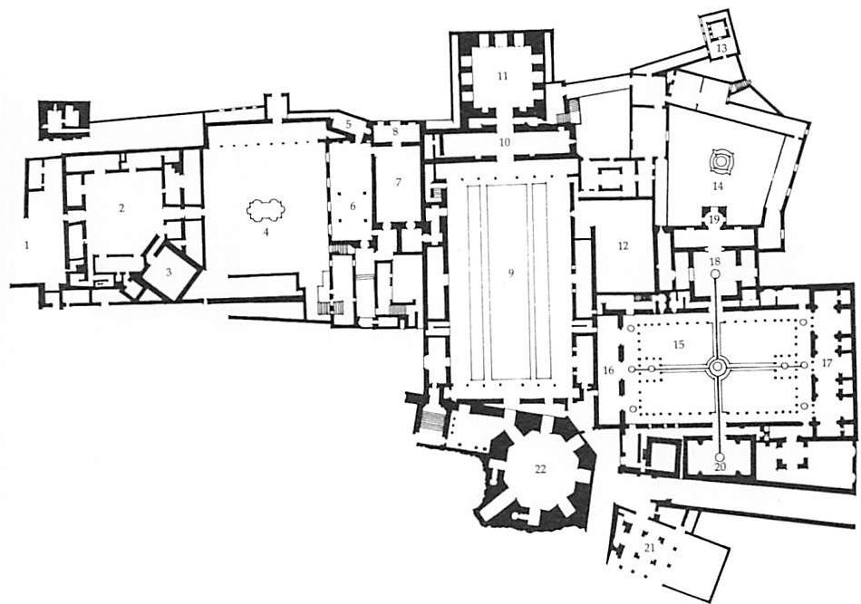 The plan of the Alhambra: the plan is a marvel of centers formed in a thousand combinations, and yet with beautiful symmetrical local order at every point in space.