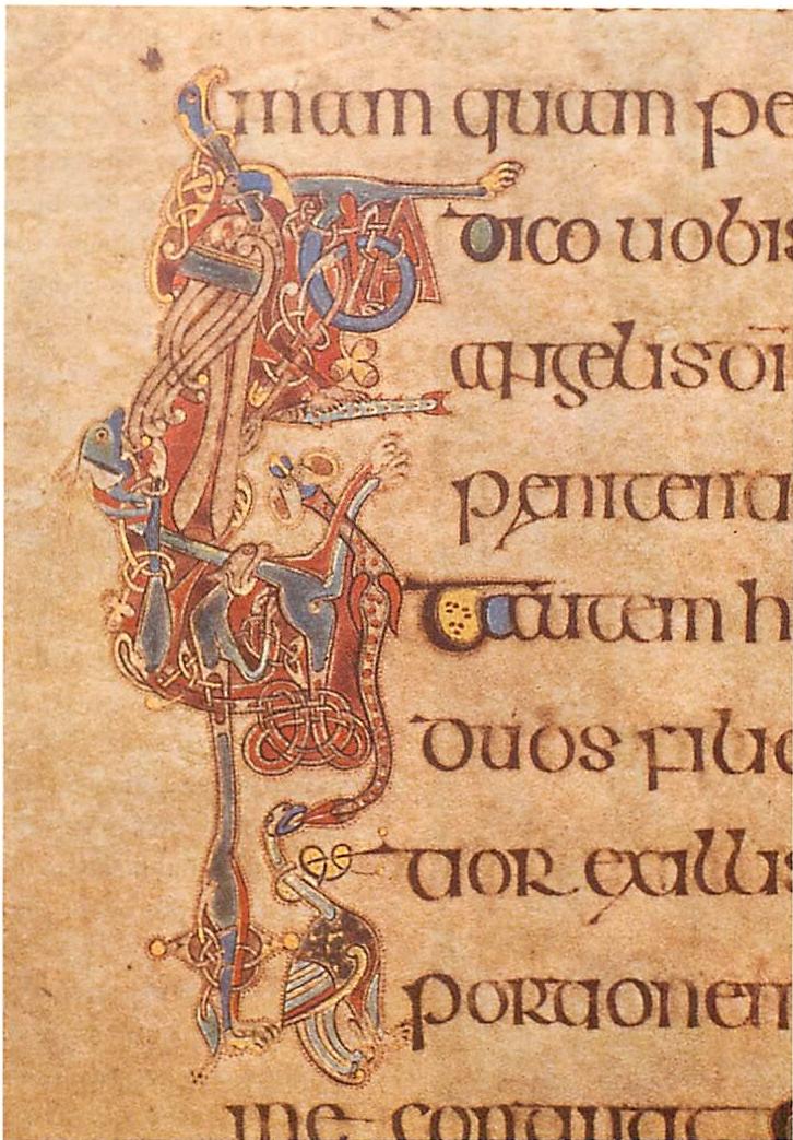 Detail of a page from the Book of Kells. Although the swirls and grotesques are curvilinear, when we look closely at them we see that they are filled with overlapping local symmetries, and this is, in large part, the source of their beauty.