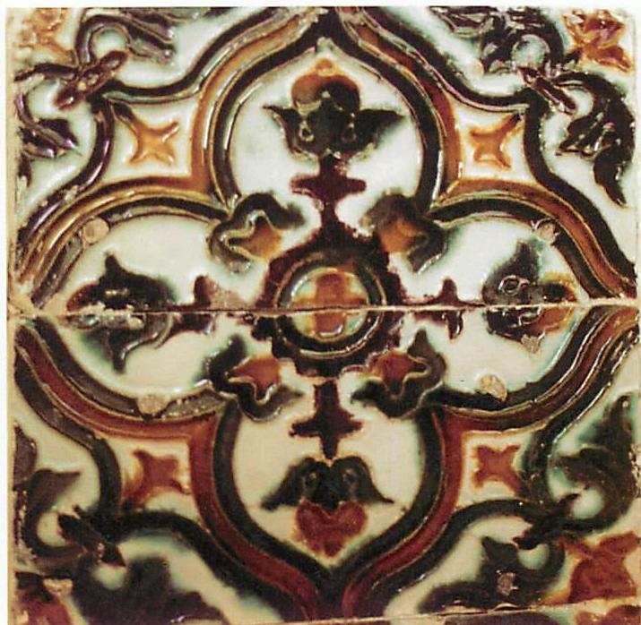 A 15th-century Hispano-Moresque tile, made by the cuerda seca technique, the use of rope to form the lines