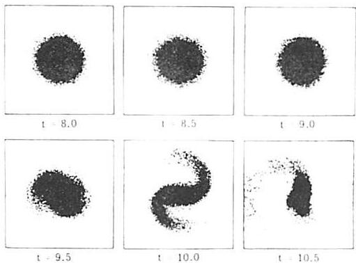 Computer simulation of the process of the emergence of the spiral in a galaxy. At each step, we see a smooth transition from the previous state, preserving most of the structure of the wholeness of the previous state.