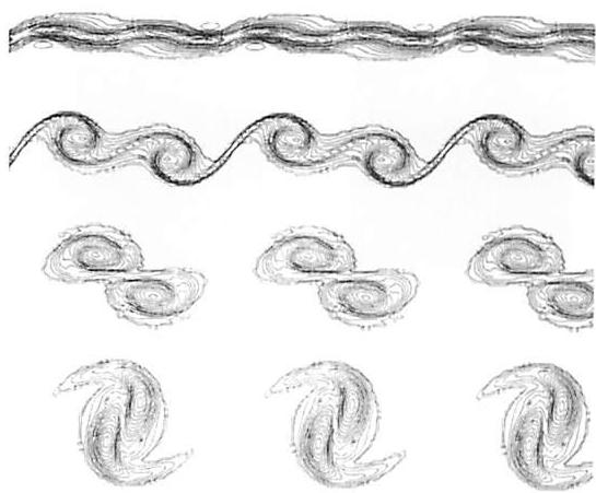 Computer simulations: step-wise evolution of vortices from laminar stream flow