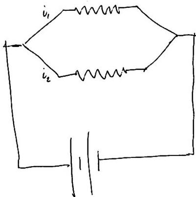 If the wires have equal resistance, the current balances itself equally between the two parallel wires.