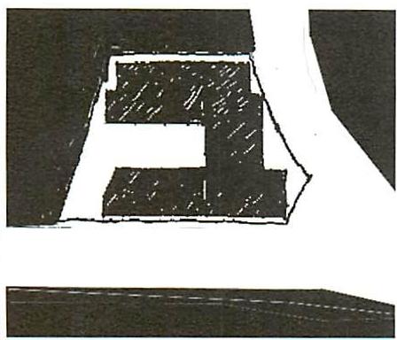 Plan 1: A first possible site plan, rather conventional in character, which is NOT structure preserving. Although this plan follows typical design character for a typical building in the 1970s or 1980s, the placing of the volumes, the badly formed exterior space, and the lack of structure-preserving done to the two streets and to the sunshine in the south are all negative.