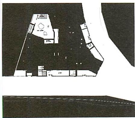 Plan 2, as built: A site plan which IS structure-preserving. It shows the unusual configuration caused by the fork, and two bent streets.