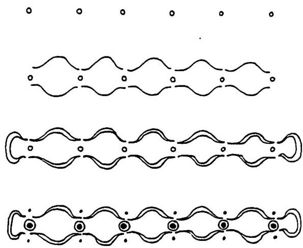 A sequence of patterns which develop from a row of dots
