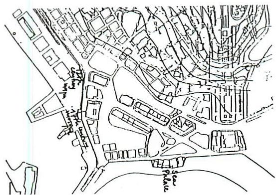 Map of the three focal points along the old sea front: the Sea Palace, the Old Mosque and the Turkish Mosque. These were the primary centers which should have been extended, but were not (Left). The Sea Palace (Right)