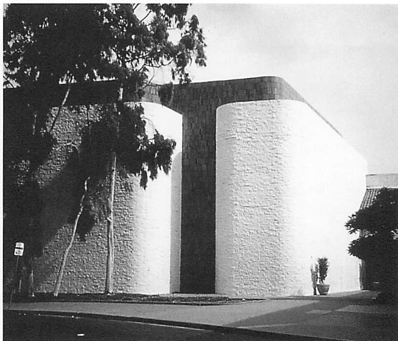Conventional stucco bank building from southern California. Here the geometry is meaningless. Unlike the Turkish tomb on page 125, here the centers, such as they are, have not arisen naturally from the wholeness and its centers: they have merely been superimposed on the lath and plaster by the willful pencil of the architect.