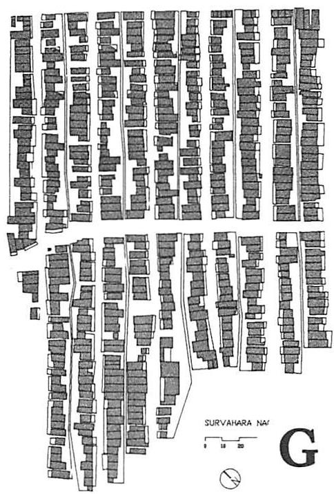 G: A fabricated structure: government-designed public housing, Indore, India. The project has had some modest changes over time, which are visible in the in-and-out character of individual dwellings. However, as a whole, the community remains a fabricated structure.