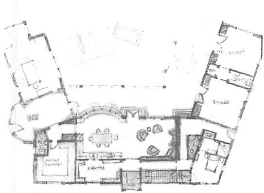 Step 6: The plan of the Sanders house, as it emerges from the previous differentiations through the action of the BOUNDARY transformation, supplemented by the action of LEVELS-OF-SCALE, STRONG-CENTERS, LOCAL-SYMMETRIES and ROUGHNESS transformations. Step 7: The right hand drawing shows the structural plan which emerged from this plan shortly afterwards.