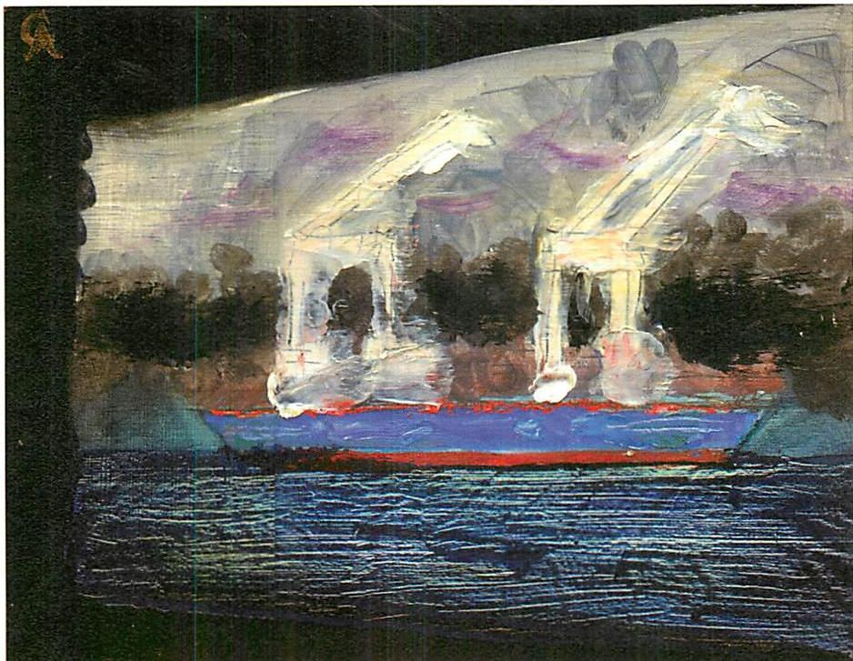 Cargo ship in the Port of Oakland, 9 x 12 inches, oil on wood panel