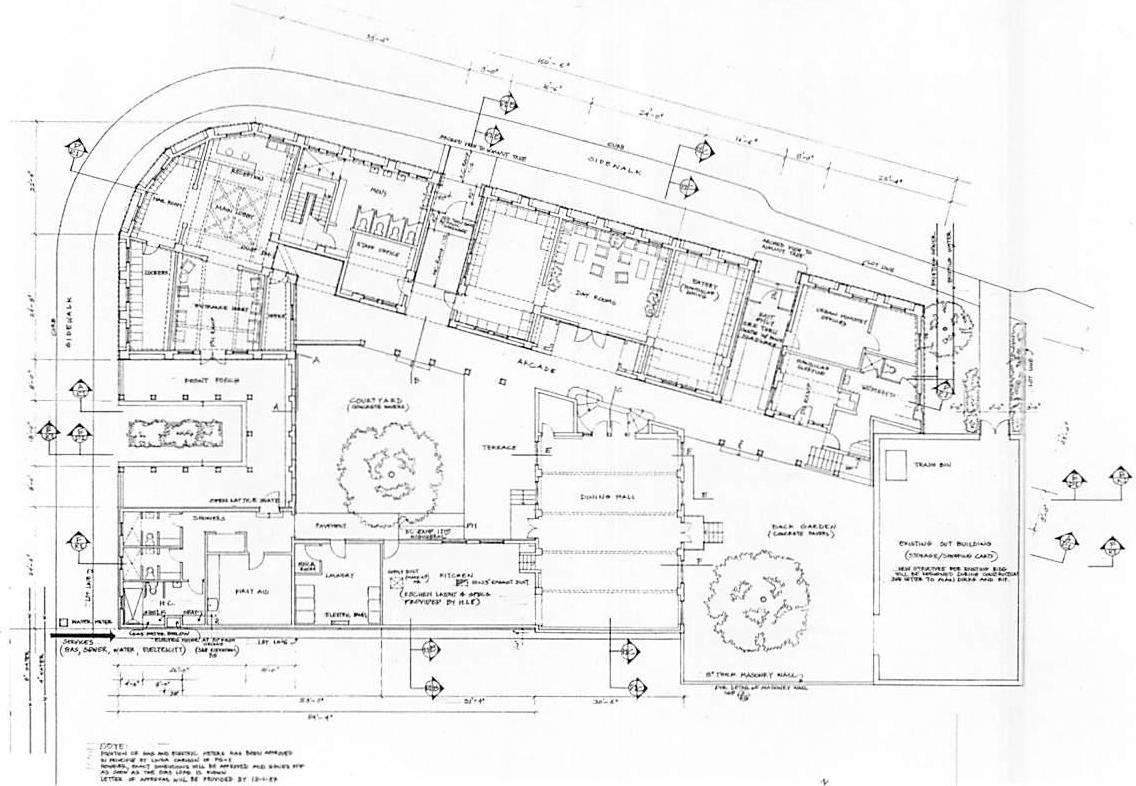 Downstairs plan showing communal rooms, arcade, and courtyards