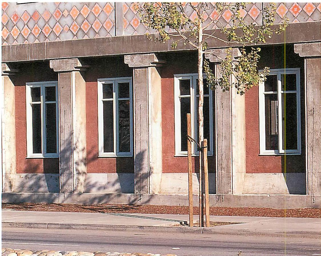 Benches in the sun, along the Julian Street side of the building. Most of the fifteen properties—ALTERNATING REPETITION, BOUNDARIES, STRONG CENTERS, THE VOID, GRADIENTS, NOT-SEPARATENESS, GOOD SHAPE, LEVELS OF SCALE, LOCAL SYMMETRIES, and others—are visible, all of them generated by the living process