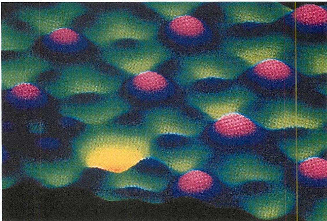 Every atom is unique. The array of atoms photographed in this iodine crystal shows how each of the atoms, though at one time, according to conventional 20th-century, thought to be identical, is in fact slightly different in its detailed shape from its neighbors. What we see here are indirect traces of the outer electron shells, but the geometrical and spatial differences from atom to atom are very clear. Photographs of individual atoms were taken for the first time in 1988 on a scanning tunneling microscope, at the IBM Research Center in San Jose, California.