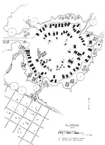 The circle of houses typical in Trobriand society. The circle was one of the major patterns which defined their culture