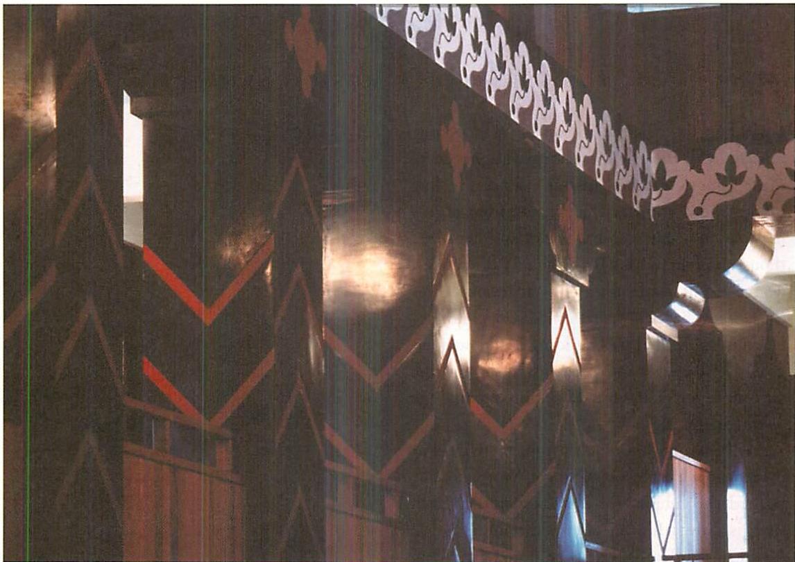 The Great Hall interior finally finished, black and red plasterwork complete. Christopher Alexander, Hajo Neis, Ingrid King, Miyoko Tsutsui, and Ishiguro-san, 1986.