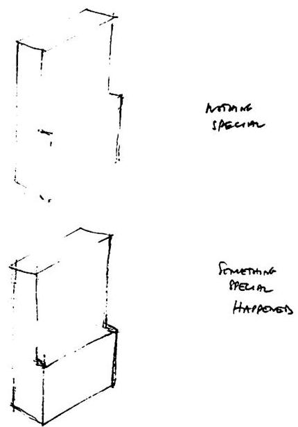 Sketch 5. Getting the relation between the top and the bottom just right. The upper of these drawings shows something OK, conventional, but without any special feeling in it. The lower, perhaps too extreme, has a trace of some real feeling, so that when I stand and look at it, I become aware that it has some real feeling which it sends out to me, and that it makes me feel my existence and my life in some poignant way.