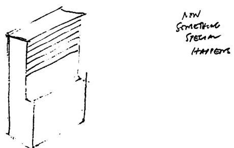Sketch 6. Once again I look at the way the shelves sit in the cabinet, to try and decide which arrangement has the deepest feeling. The upper, with five shelves, is OK. In the lower, with six shelves, some special feeling appears. It is more significant. I feel myself, and experience my own humanity, more profoundly in the presence of the second.