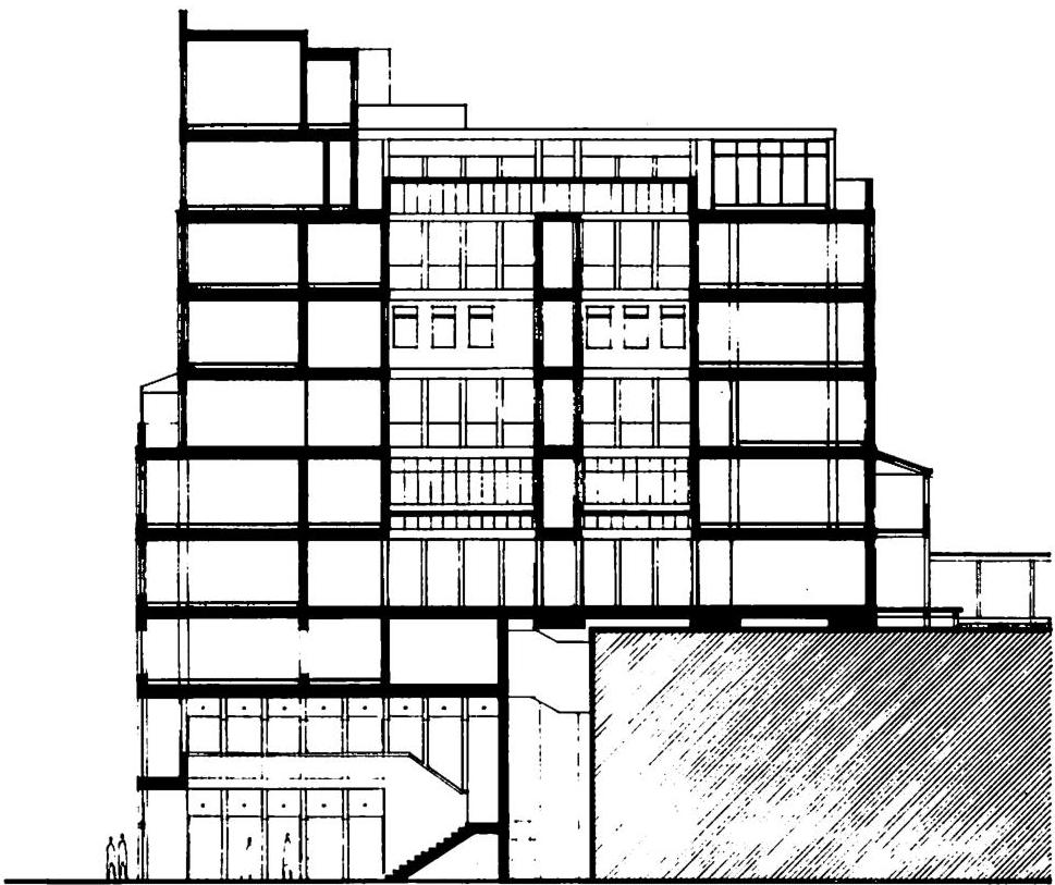 Sapporo ten-story apartment building, Longitudinal section, Christopher Alexander and Ingrid King, 1984