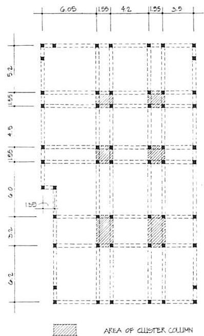 Plan of column layout. The column clusters where four small columns make one massive column, are shaded.