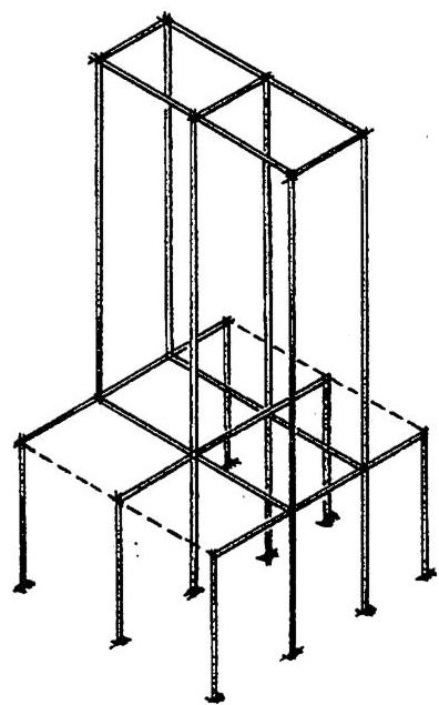 Overall axonometric sketch showing the whole building arrangement in diagrammatic form to illustrate how the vertical loads, from the central rectangular zone of steelwork, send their loads through massive beams, to the outer legs.