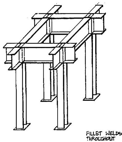 Detail of steel fabrication in one of the four-column clusters which appear repeatedly within the frame: structural engineering by James Axley and Gary Black.