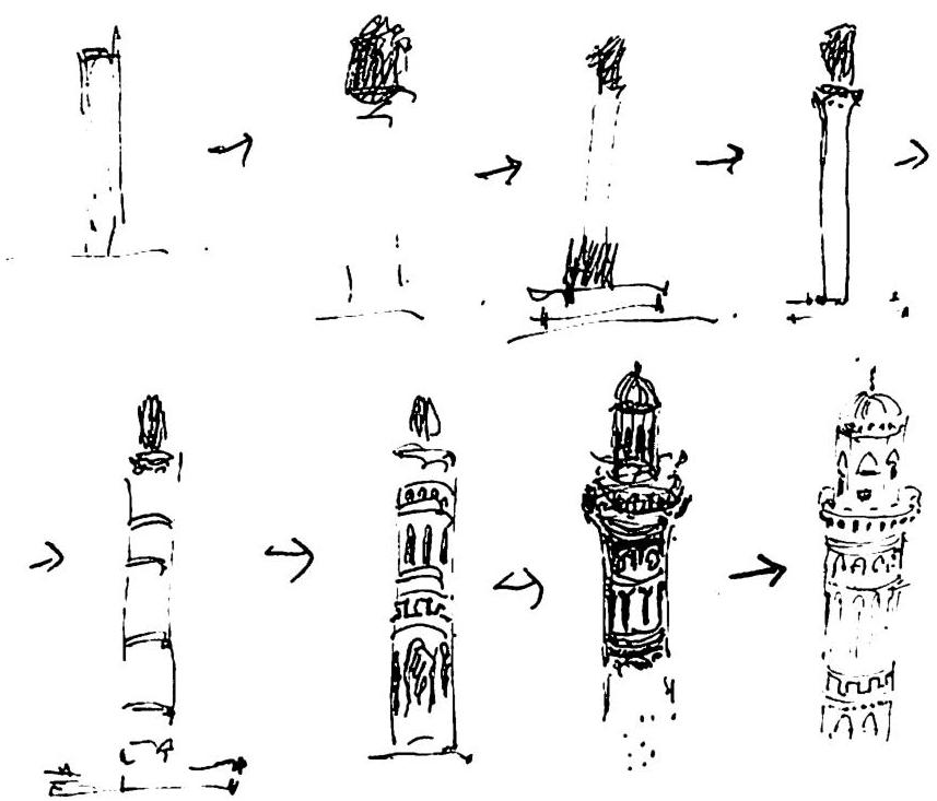 Eight transformations in the evolution of this tower, from nothing. See pages 443-44.