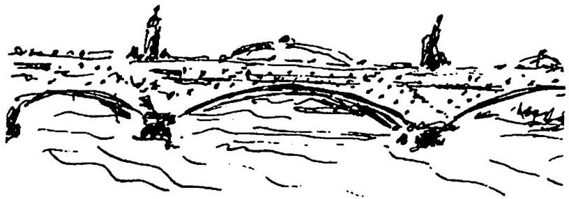 Bridge with buildings and usable offices within the structure.