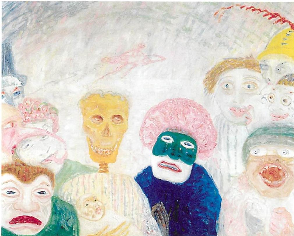 The same form language in a painting by James Ensor, Masks and faces, 1927.
