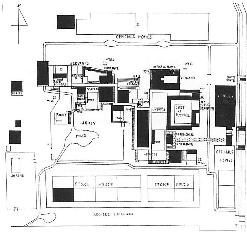 A Japanese temple precinct in Takayama; the whole is highly asymmetrical: the individual elements are purely symmetrical.