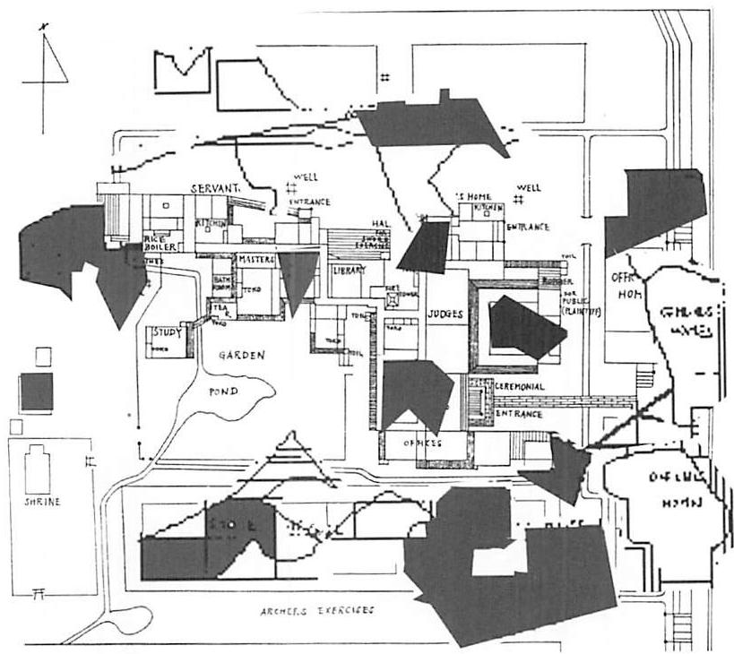 Humorous transformation of the temple precinct in which each building is made into an asymmetrical 