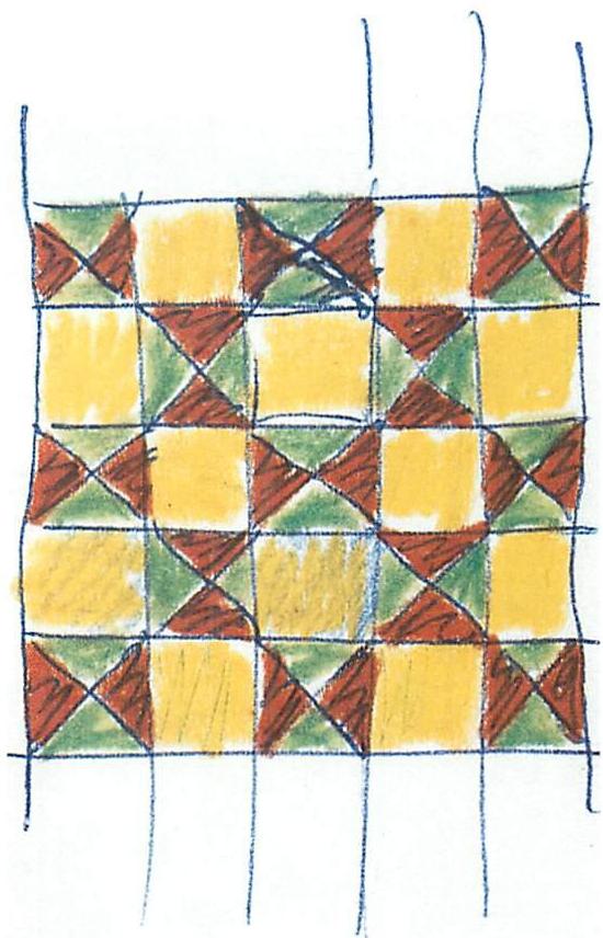 My first colored sketch of the floor design: red, green, and yellow