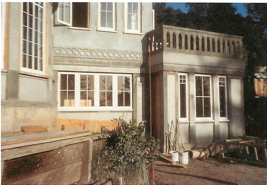 The combination of windows in the finished house, as some of them looked from the outside. The frieze and balustrade completed