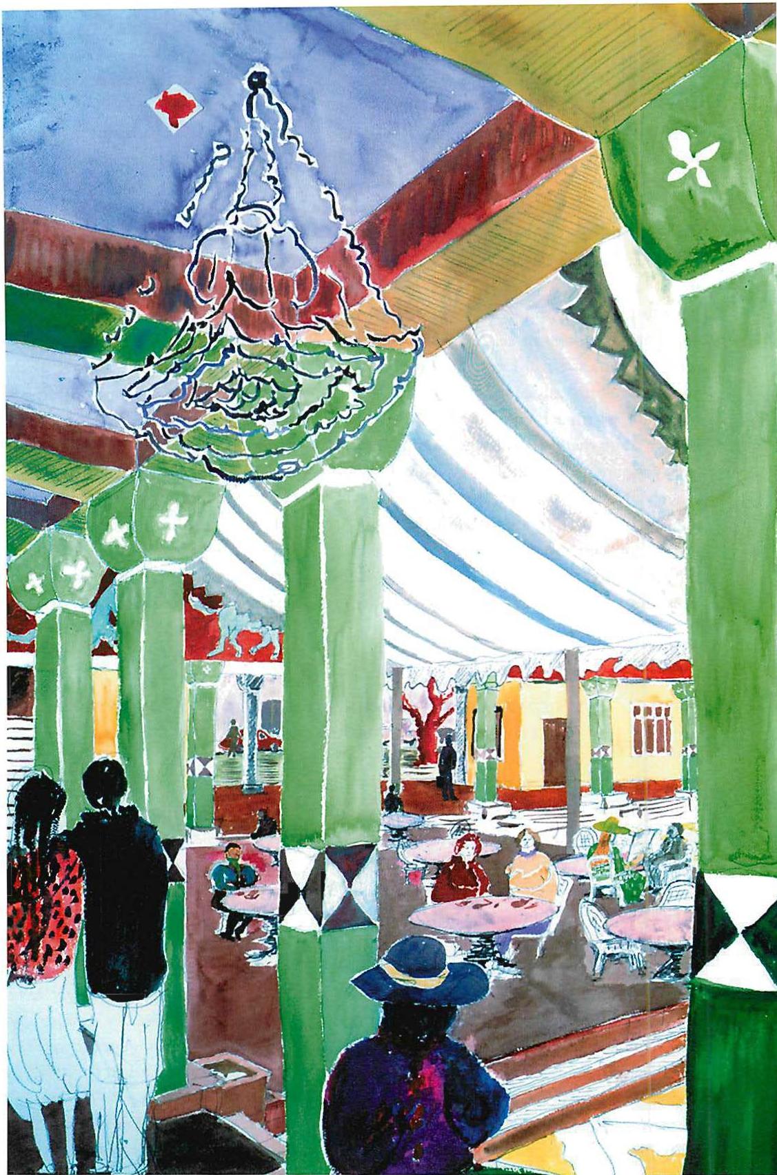 Interior courtyard of the Mountain View Civic Center; gouache on paper, 60 cm by 90 cm