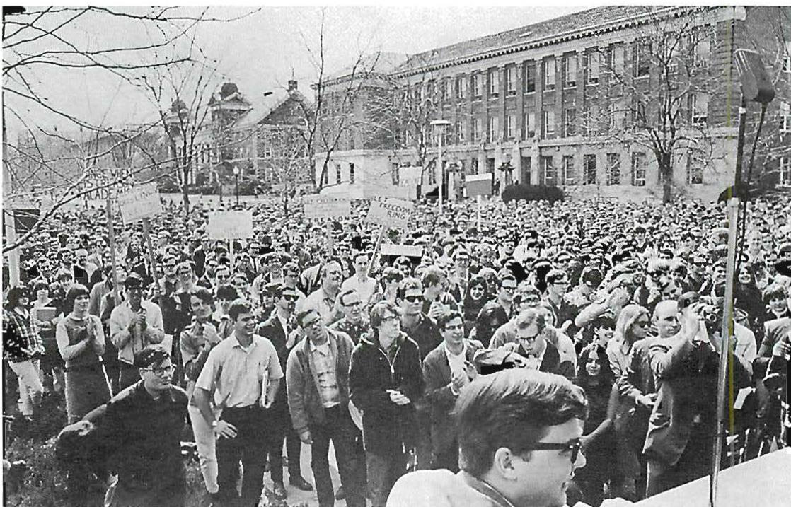 Only a positive, enclosed space of this kind, can hold, and permit, the outpouring of overwhelming public sentiment in times of crisis. Students and faculty gathering in the main space of Kent State University, Ohio, 1970, after the National Guard opened fire on students there and killed them.