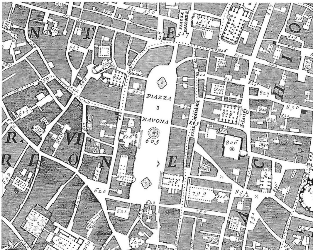 The famous Nolli plan of Rome embodies this quality most clearly. Here we have space that has been formed from almost nothing else but hulls, where it is all positive, every square, every street, every alley, every church interior.