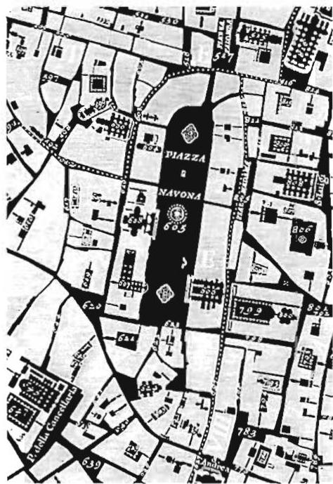 A part of the plan of Rome, showing all the public space, shown here in negative, with spaces black and buildings white, to emphasize the positive, room-like character of all the public spaces.