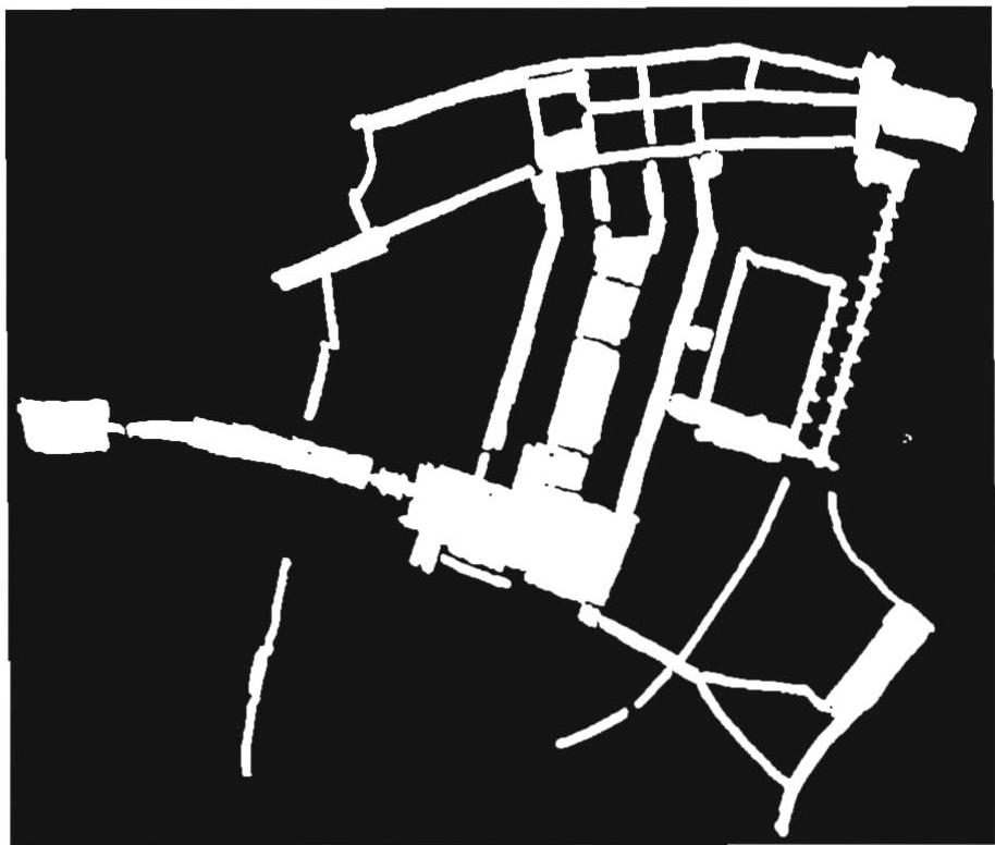 The space on the Eishin campus. In this drawing where white is used to stand for space, we see the hull of pedestrian space which makes the campus come to life. This structure, created by unfolding, is complex and orderly, yet far from the over-geometric norms of simplicity we have come to view as order. Christopher Alexander.