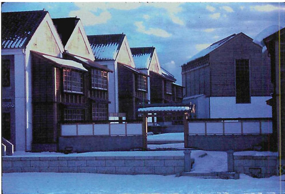 Snow and morning light on the hull of the Eishin campus