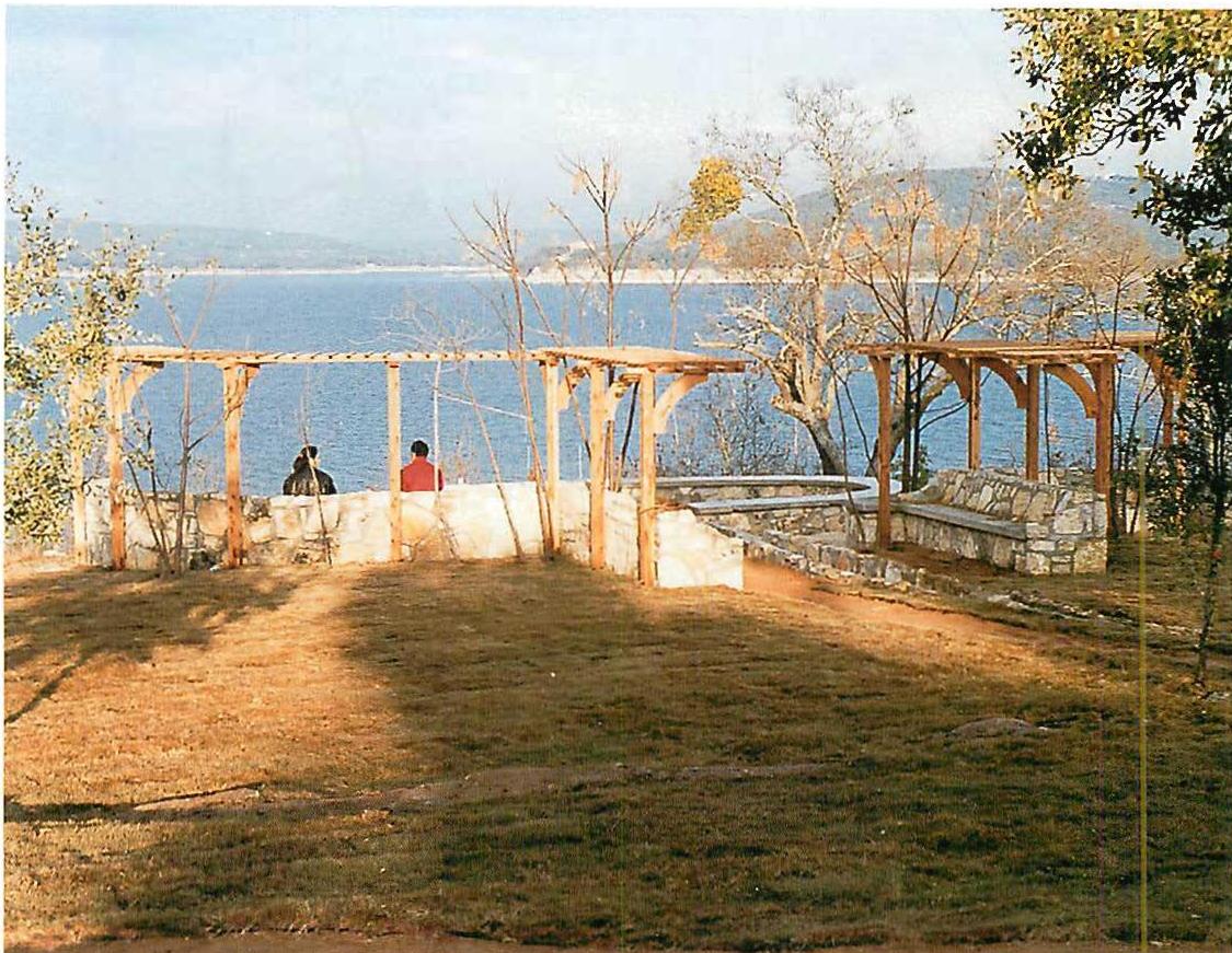 View out over Lake Travis. The lower end of the hull of public space in Austin: the fountain, where the lake abuts the common land. Back of the Moon, Austin, Texas: Christopher Alexander, 1996.