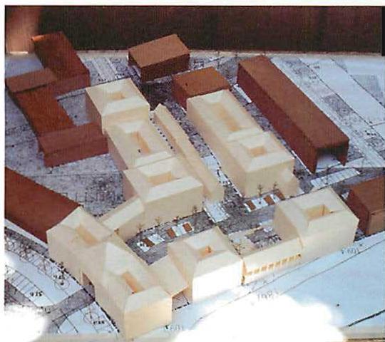 An early model showing the gross arrangement of streets, spaces and courtyards, for our Parkstadt new town project in the town of Hoechst.