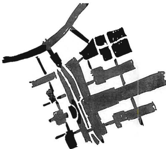 Black-white reversal: The POSITIVE SPACE of the Parkstadt project, shown as if it was a building. Here we see the pedestrian hall as a solid substance.