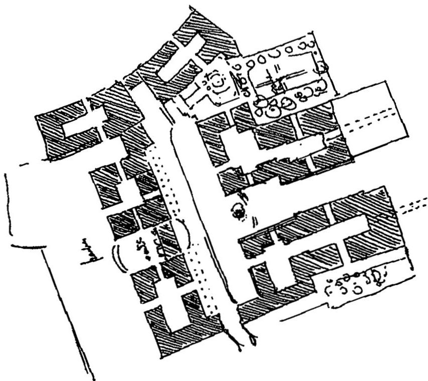 The plan shows the space as positive, the buildings as negative, and thus makes the hull of pedestrian space stand out clearly. We see the major roads, the interior courtyards, and the system of small paths and gateways which connect the courtyards. Altogether, a complex structure of space which forms the hull. New town for Parkstadt-Unterliederbach, Frankfurt, Hoechst; Christopher Alexander and Hajo Neis, 1995.