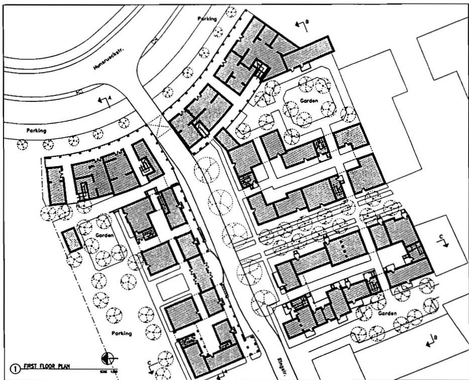Portion of the new town of Parkstadt-Unterliederbach: Building and landscape plan. Frankfurt, Hoechst, Christopher Alexander and Hajo Neis, 1996.