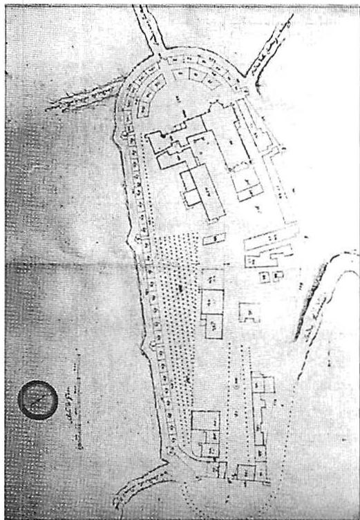 The plan of San Martino al Cimino in Italy where a certain bishop in the middle ages played a major role in defining the plan, especially the upc-like road and buildings at the far end. The townspeople then followed, filling in the details of the large-scale order.
