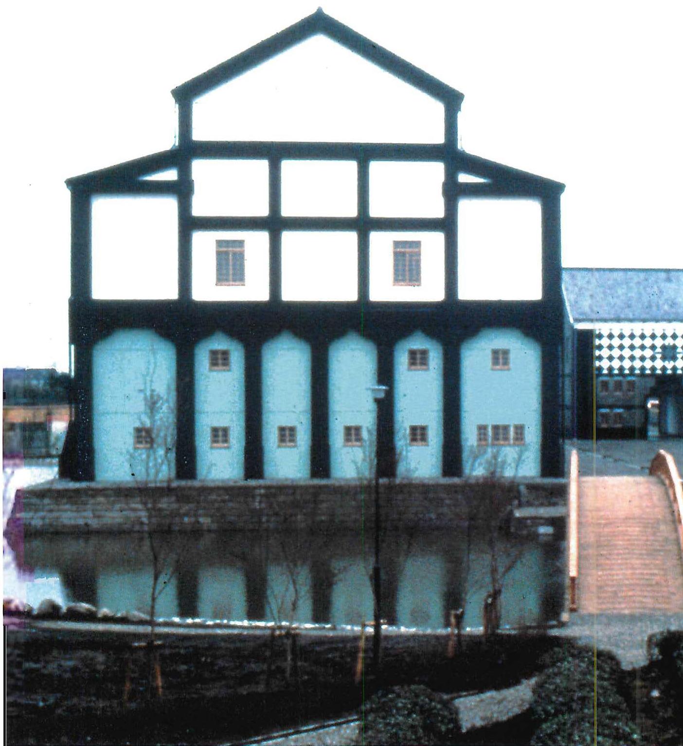 The Great Hall, Eishin campus, from the lake. The building, as a living center, rises up, confronts us, almost as if it were a being.