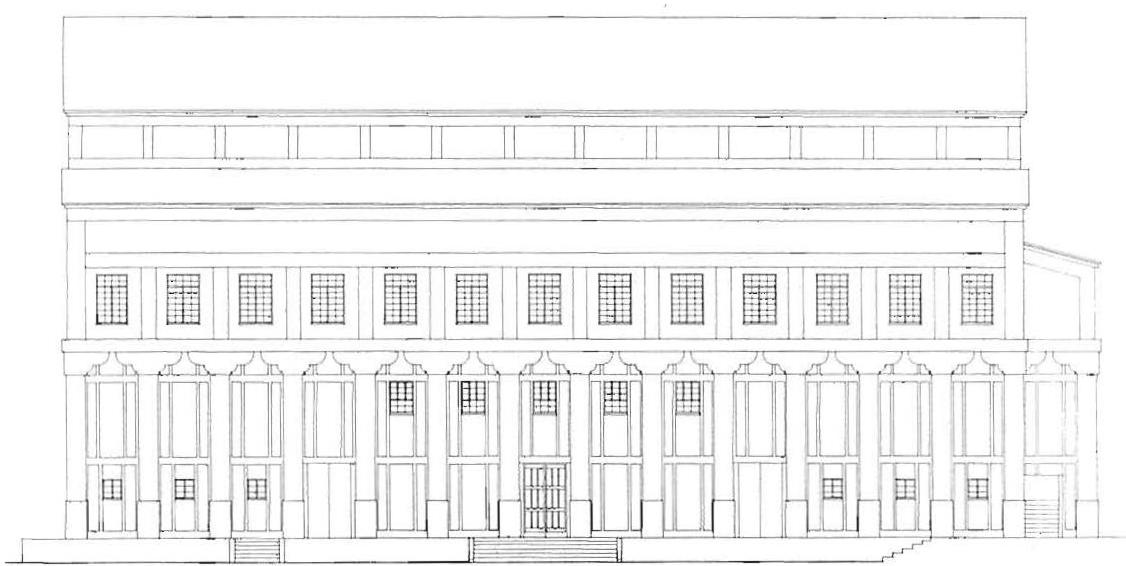 Great Hall, south elevation; the layout of living centers in columns, bays, beams, windows, roofs, steps, arches, and window sills.