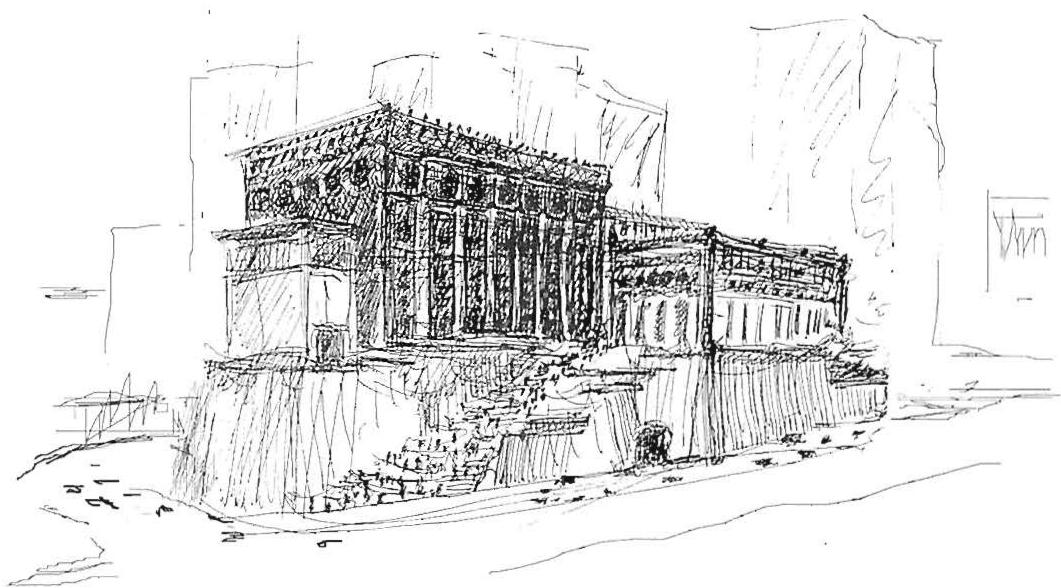My first sketch of the building volume. Tokyo International Forum, Christopher Alexander, 1989
