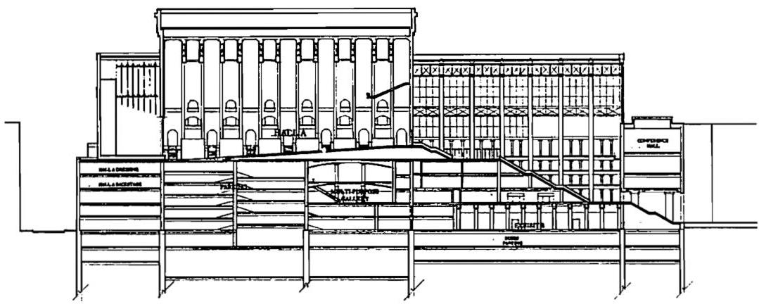 Longitudinal section, facing west. Tokyo International Forum, Christopher Alexander, Artemis Anninou, 1989