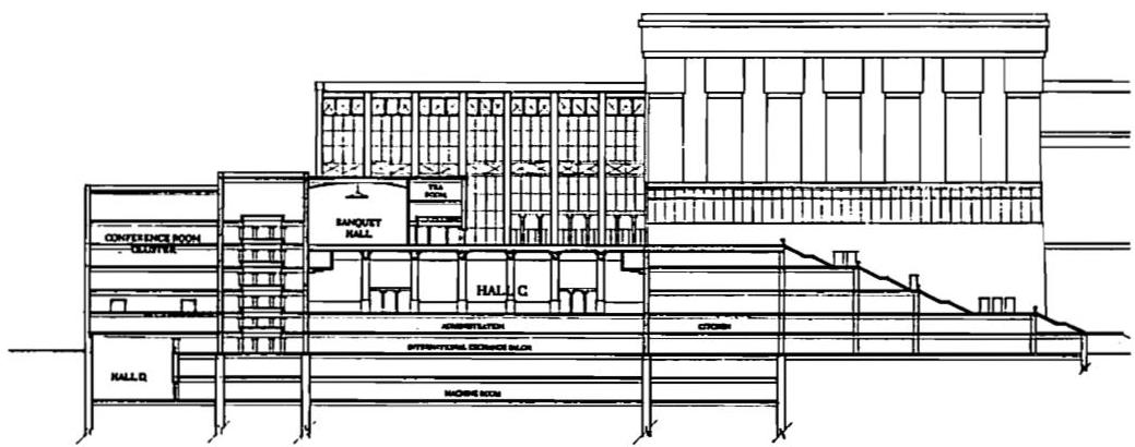 Longitudinal section, facing east. Tokyo International Forum, Christopher Alexander, Artemis Anninou, 1989. Other plans and elevations of this building may be seen on page 417 of this book and on pages 418-19 of Book 2.